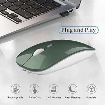 Uciefy Q5 Slim Rechargeable Wireless Mouse, 2.4G Portable Optical Silent Ultra Thin Wireless Computer Mouse with USB Receiver and Type C Adapter, Compatible with PC, Laptop, Desktop (Blackish Green)