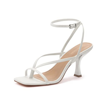Carcuume Womens Kitten Heels Square Toe Thong Strappy Ankle Strap Stiletto Heel Sandals,CAMILE-WHITE...