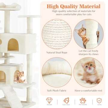 Sweetcrispy 54-Inch Cat Tree Tower – Multi-Level with Sisal Scratching Post, Perfect Pet Gift, Indoor Condo with Climbing Ladder, Plush Toy, and More Animal Stuff, Beige