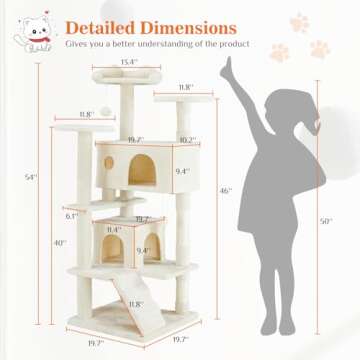 Sweetcrispy 54-Inch Cat Tree Tower – Multi-Level with Sisal Scratching Post, Perfect Pet Gift, Indoor Condo with Climbing Ladder, Plush Toy, and More Animal Stuff, Beige