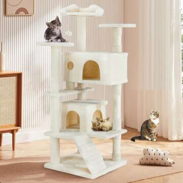 Sweetcrispy 54-Inch Cat Tree Tower – Multi-Level with Sisal Scratching Post, Perfect Pet Gift, Indoor Condo with Climbing Ladder, Plush Toy, and More Animal Stuff, Beige