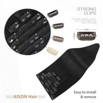 Aison Natural Black Clip in Hair Extensions Real Human Hair 70G 100% Remy Human Hair 20 Inch Clip in Extensions for Fashion Women 7pcs 16clips One Pack