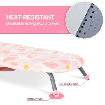 APEXCHASER Small Ironing Board with Iron Holder, Compact Ironing Board with Non-Slip Feet, Portable Tabletop Ironing Board with Cotton Cover for Small Spaces and Travel, Pink