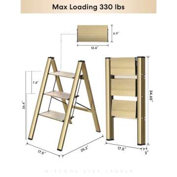 Miscoos 3 Step Ladder, Lightweight Portable Folding Step Stool with Anti-Slip Sturdy and Wide Pedal,...