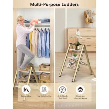 Miscoos 3 Step Ladder, Lightweight Portable Folding Step Stool with Anti-Slip Sturdy and Wide Pedal, 330lb Capacity, Perfect Multi-Use Aluminum Stepladder for Home Kitchen Office, Gold