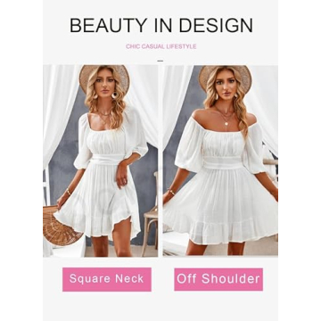 Dokotoo Womens White Dress Square Neck Summer A-Line Flowy Dresses Lantern Sleeve Tie Back Sexy Dress Shirred Elastic Waist Off The Shoulder Dresses Ruffled for Beach Medium