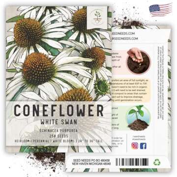 Seed Needs White Swan Coneflower Seeds for Planting Echinacea - Heirloom & Open Pollinated Perennial Flower - Attract Pollinators to a Butterfly Garden (1 Pack)