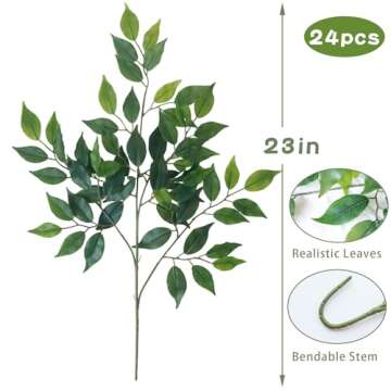 mizii 24pcs Artificial Greenery Stems Silk Green Leaves Fake 23in Ficus Garland Spray Plants Faux Gr...