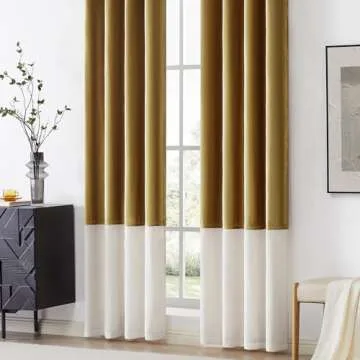BULBUL Color Block Window Curtains Panels 120 inches Long Gold Ivory Velvet Farmhouse Drapes for Bedroom Living Room Darkening Treatment with Grommet Set of 2
