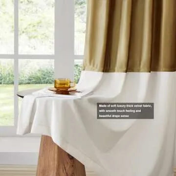 BULBUL Color Block Window Curtains Panels 120 inches Long Gold Ivory Velvet Farmhouse Drapes for Bedroom Living Room Darkening Treatment with Grommet Set of 2