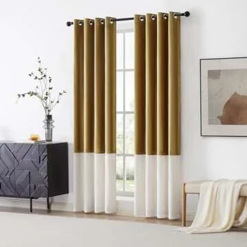 BULBUL Color Block Window Curtains Panels 120 inches Long Gold Ivory Velvet Farmhouse Drapes for Bedroom Living Room Darkening Treatment with Grommet Set of 2