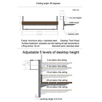 Outdoor Side Tables Balcony Railing Hanging Folding Table Computer Table Home Bar Counter Creative Lifting Folding Desk Coffee Patio Garden Dining Room Furniture Table, 1.5cm Imitation Wooden