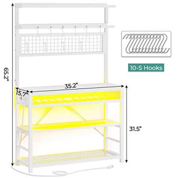 Itaar Bakers Rack with Power Outlet, 6-Tier Coffee Bar, Microwave Stand with Wine Rack, LED Lights and 10 Hooks, Bakers Racks for Kitchens with Storage, White