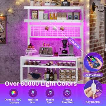 Itaar Bakers Rack with Power Outlet, 6-Tier Coffee Bar, Microwave Stand with Wine Rack, LED Lights and 10 Hooks, Bakers Racks for Kitchens with Storage, White