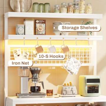 Itaar Bakers Rack with Power Outlet, 6-Tier Coffee Bar, Microwave Stand with Wine Rack, LED Lights and 10 Hooks, Bakers Racks for Kitchens with Storage, White