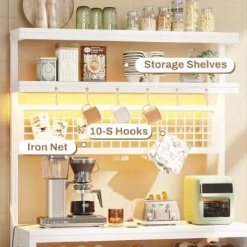 Itaar Bakers Rack with Power Outlet, 6-Tier Coffee Bar, Microwave Stand with Wine Rack, LED Lights and 10 Hooks, Bakers Racks for Kitchens with Storage, White