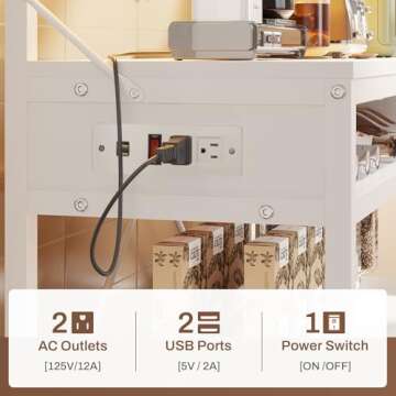 Itaar Bakers Rack with Power Outlet, 6-Tier Coffee Bar, Microwave Stand with Wine Rack, LED Lights and 10 Hooks, Bakers Racks for Kitchens with Storage, White