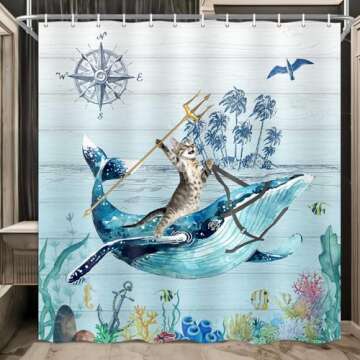 Boziqr Funny Cat Shower Curtain, Cute Cat Riding Whale Teal Blue Sea Ocean Fabric Shower Curtains, R...