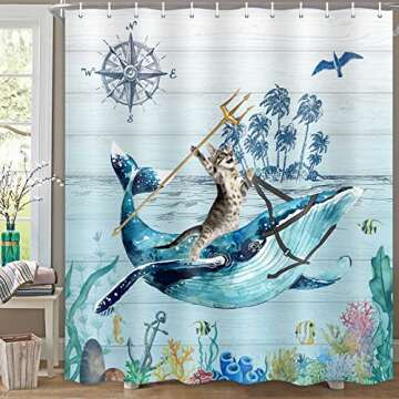 Boziqr Funny Cat Shower Curtain, Cute Cat Riding Whale Teal Blue Sea Ocean Fabric Shower Curtains, Rustic Farmhouse Barn Door Nautical Anchor Bathroom Curtains Decor 70 x 70 Inches