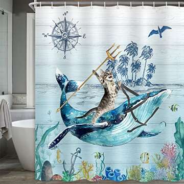 Boziqr Funny Cat Shower Curtain, Cute Cat Riding Whale Teal Blue Sea Ocean Fabric Shower Curtains, Rustic Farmhouse Barn Door Nautical Anchor Bathroom Curtains Decor 70 x 70 Inches