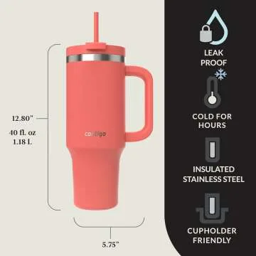Contigo Streeterville 40oz Tumbler, Stainless Steel Vacuum Insulated, Leak-Proof, Cold for 29 Hours, Coral