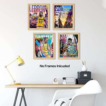 NIIORTY Basketball Stars Wall Art, Graffiti Basketball Art Prints, Stephen Curry Giannis Antetokounmpo Canvas Motivational Posters for Boy's Room Man Cave Home Decor, 4-Set (8"x10" Unframed)