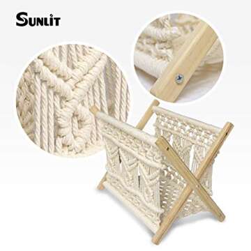 Sunlit Boho Magazine Holder, Decorative Macrame Books Magazines Rack, Towel Storage Basket, Rustic Home Decor for Bedroom Living Room Office, Bohemian Handmade Woven Goat Horn Pattern Room Decor