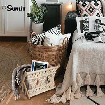 Sunlit Boho Magazine Holder, Decorative Macrame Books Magazines Rack, Towel Storage Basket, Rustic Home Decor for Bedroom Living Room Office, Bohemian Handmade Woven Goat Horn Pattern Room Decor
