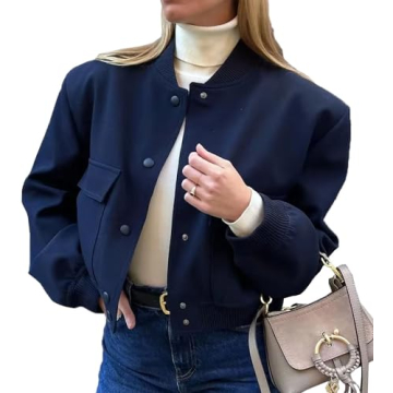 EOICIOI Bomber jacket Women Autumn Winter Cropped Jacket Black Brown Khaki Varsity Jacket Coat(blue,...