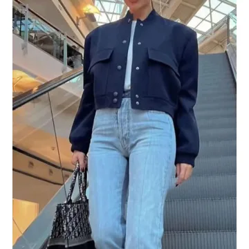 EOICIOI Bomber jacket Women Autumn Winter Cropped Jacket Black Brown Khaki Varsity Jacket Coat(blue,S)