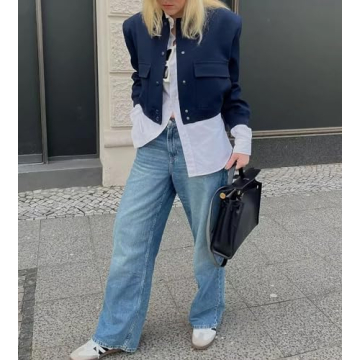 EOICIOI Bomber jacket Women Autumn Winter Cropped Jacket Black Brown Khaki Varsity Jacket Coat(blue,S)