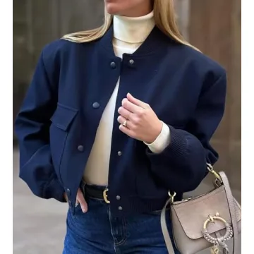 EOICIOI Bomber jacket Women Autumn Winter Cropped Jacket Black Brown Khaki Varsity Jacket Coat(blue,S)