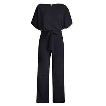 QUEENIE VISCONTI Women Summer Wide Leg Jumpsuit - Casual Long Pants Rompers Vacation Dressy Playsuit Black M