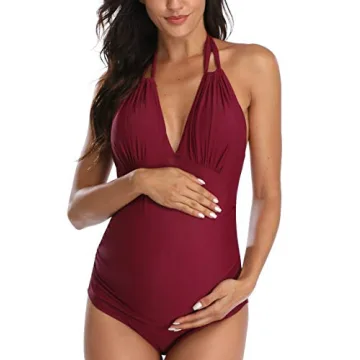 Chic Maternity Swimsuit Stylish One Piece Wine Red