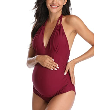 Chic Maternity Swimsuit Stylish One Piece Wine Red