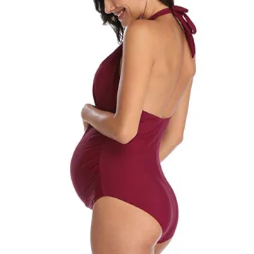 Chic Maternity Swimsuit Stylish One Piece Wine Red