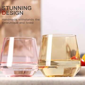 Colored Stemless Wine Glasses Set of 6-14 oz Hand-Blown Crystal Colored Glassware with, Multicolor W...