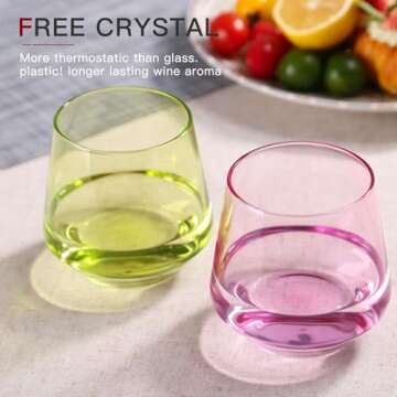 Colored Stemless Wine Glasses Set of 6-14 oz Hand-Blown Crystal Colored Glassware with, Multicolor Wine Glass for Wine Lovers, Wedding,Birthday Gifts for Women