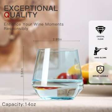 Colored Stemless Wine Glasses Set of 6-14 oz Hand-Blown Crystal Colored Glassware with, Multicolor Wine Glass for Wine Lovers, Wedding,Birthday Gifts for Women