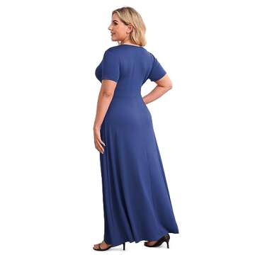 POSESHE Women's Solid V-Neck Short Sleeve Plus Size Evening Party Maxi Dress