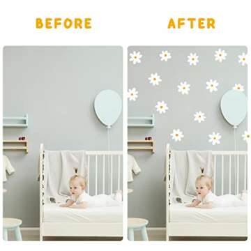 White Daisy Wall Decals for Baby Girls Toddler Kids Bedroom, Retro Flower Wall Decals Peel and Stick Vinyl Daisy Floral Wall Stickers for Nursery Playroom Living Room Wall Decor