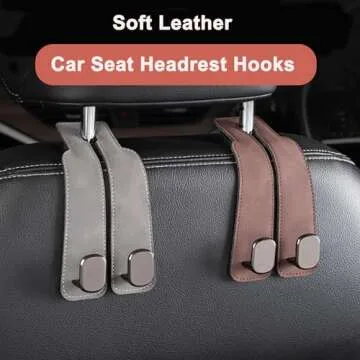 Amelity Car Hooks - Headrest Storage for Purses & Bags, Leather (Black-2 Pack)