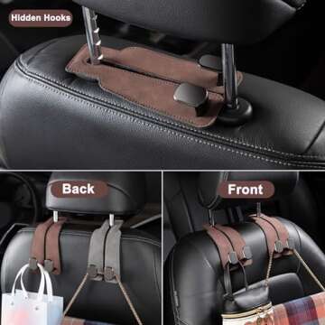 Amelity Car Hooks - Headrest Storage for Purses & Bags, Leather (Black-2 Pack)