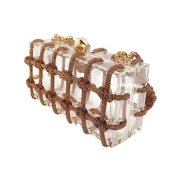 DJBM Clear Acrylic Clutch Sparkle Rhinestone Evening Bag Glitter Crystal-Embellished Rope Knot Handbag Purse for Party Prom, Gold