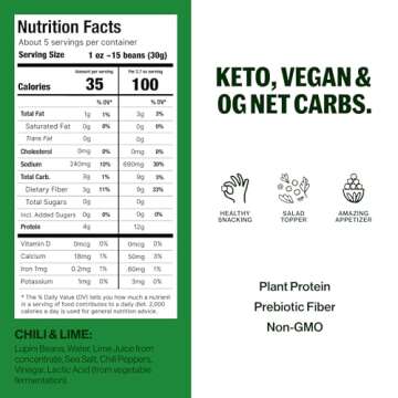 Brami Lupini Beans Snack, Chili & Lime | 9g Plant Protein, 0g Net Carbs | Vegan, Vegetarian, Keto, Mediterranean Diet | 2.3 Ounce (Pack of 8)