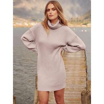 ANRABESS Women Oversized Sweater Dress Turtleneck Batwing Long Sleeve Ribbed Knit Loose 2024 Fall Winter Casual Short Dress 240fense-M Light Pink