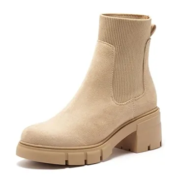 REDTOP Women's Elastic Chelsea Boots Chunky Block Heel Platform Lug Sole Ankle Booties