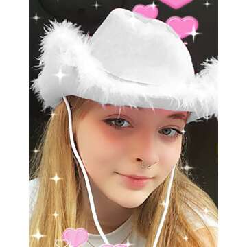 YBHOMINE Cowboy Hat with Heart Sunglasses - Cowgirl Hat with Feather Boa Brim for Women&Men,Bachelor...