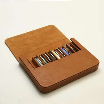 MIVLXLX Leather 12 Fountain Pen/Pencil Tray Case Organizer, Fashion Design, Handmade, Magnetic Closure with Drawer, Christmas Gift for Man/Woman/Office, 12 Slots(brown)