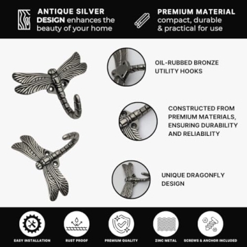 Elegant Set of 6 Dragonfly Utility Hooks for Home Decor